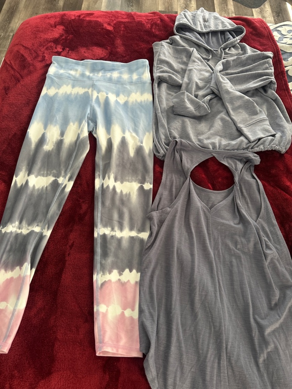 Tie-Dye Leggings & Gray Active 3 pc Top Set - purple, Blue, Gray, Pink M